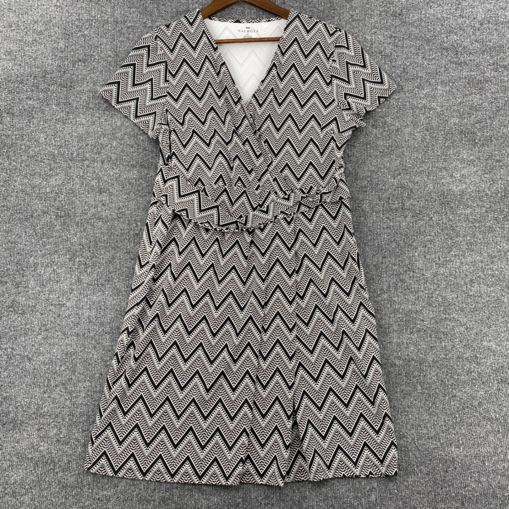Talbots Faux Wrap Dress Women XL Black White Chevron Geometric Mod Career Office